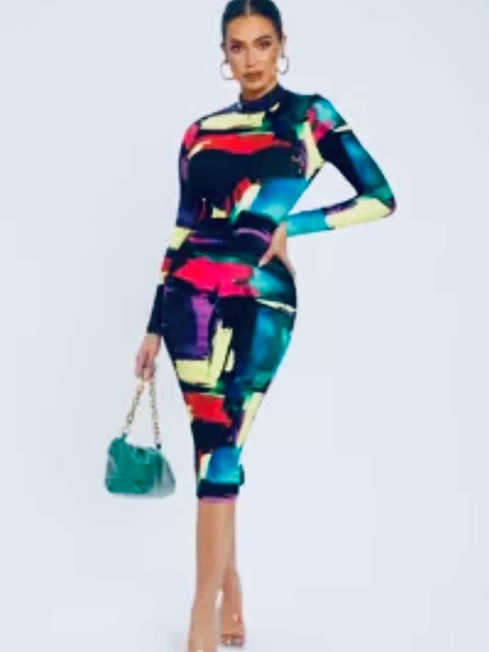 Abstract Colorblock Long Sleeve Midi Dress